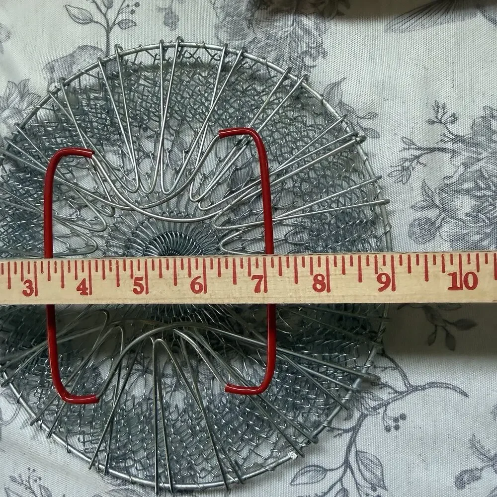 Vtg Hostess Egg Gathering Wire Mesh Fruit Hanging Basket Collapsible Red Handles